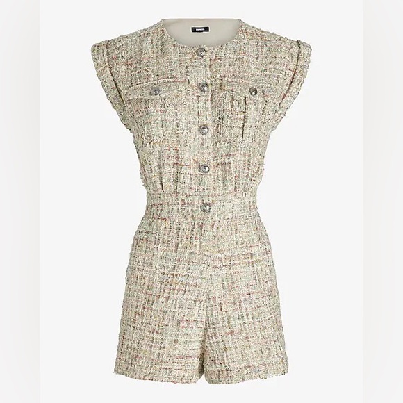 NWT Express Tweed Sequin Button Front Utility Romper - Picture 5 of 9